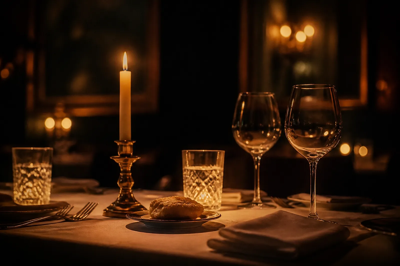 Table dressée avec une bougie allumée et des verres en cristal